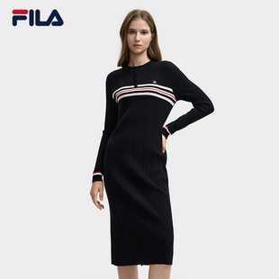 FILA 斐乐官方女子编织连衣裙2025冬季新款时尚修身连身毛衣长裙