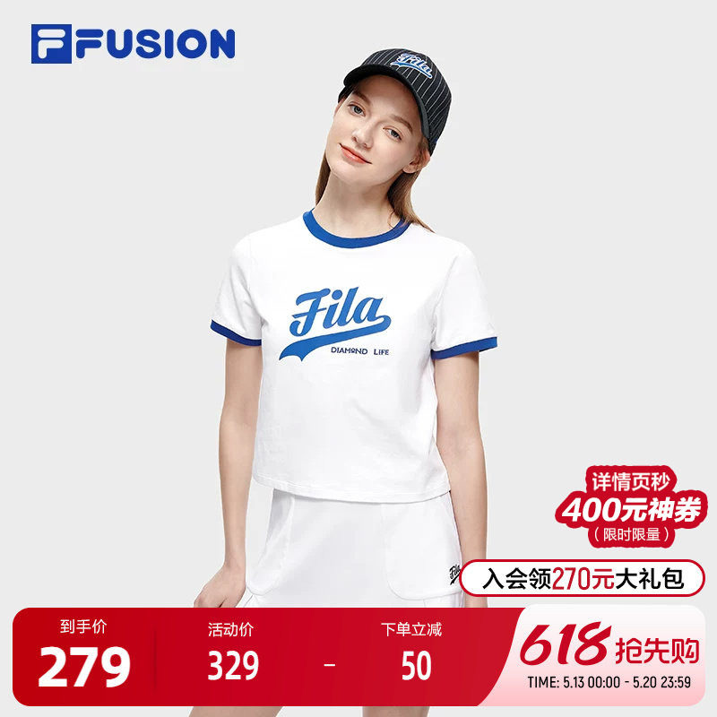 FILA FUSION斐乐潮牌女子圆领短袖T恤夏季时尚休闲棒球运