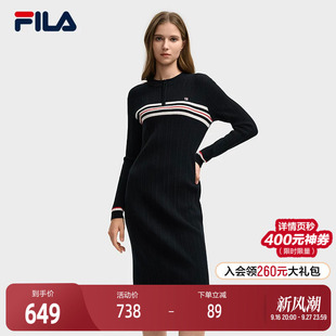 FILA 斐乐官方女子编织连衣裙2025冬季新款时尚修身连身毛衣长裙