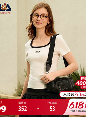章若楠同款FILA斐乐短袖T恤女夏季新款简约运动修身U领上衣白色