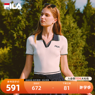 休闲撞色V领短袖 新款 时尚 POLO衫 斐乐官方女子编织衫 FILA 2025秋季