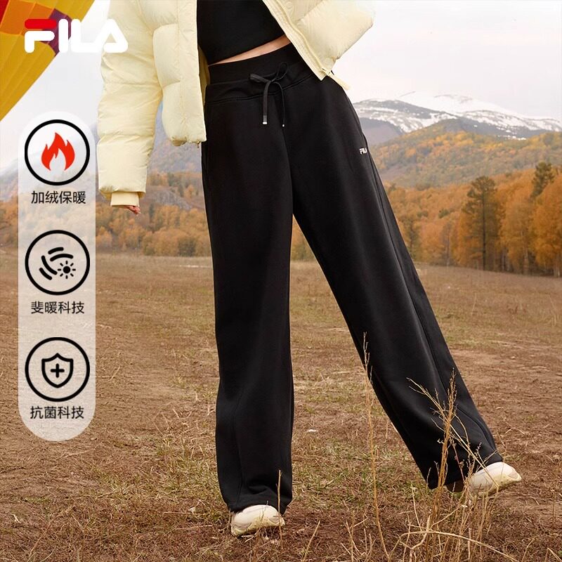 FILA 斐乐官方女士针织长裤冬季休闲宽松加绒抗菌阔腿裤