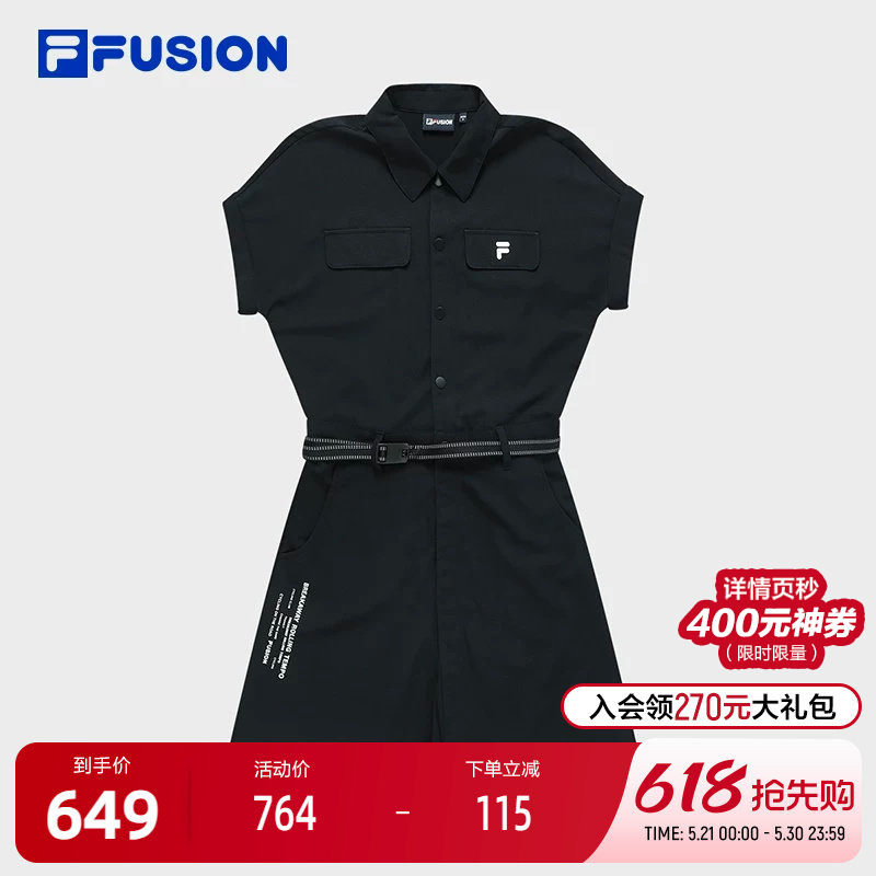 FILA FUSION斐乐潮牌梭织连体裤女夏时尚衬衫领短袖连体短