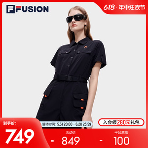 FILA FUSION斐乐潮牌女子梭织连体裤短袖2023秋时尚休闲工装短裤