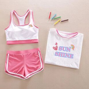 女大童泳衣分体女童平角裤 中大童游泳衣女孩三件套 学生泳装