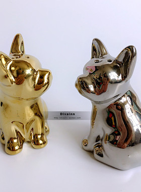 镀金镀银法国斗牛犬狗狗小调料罐作料瓶可放胡椒盐-微瑕疵