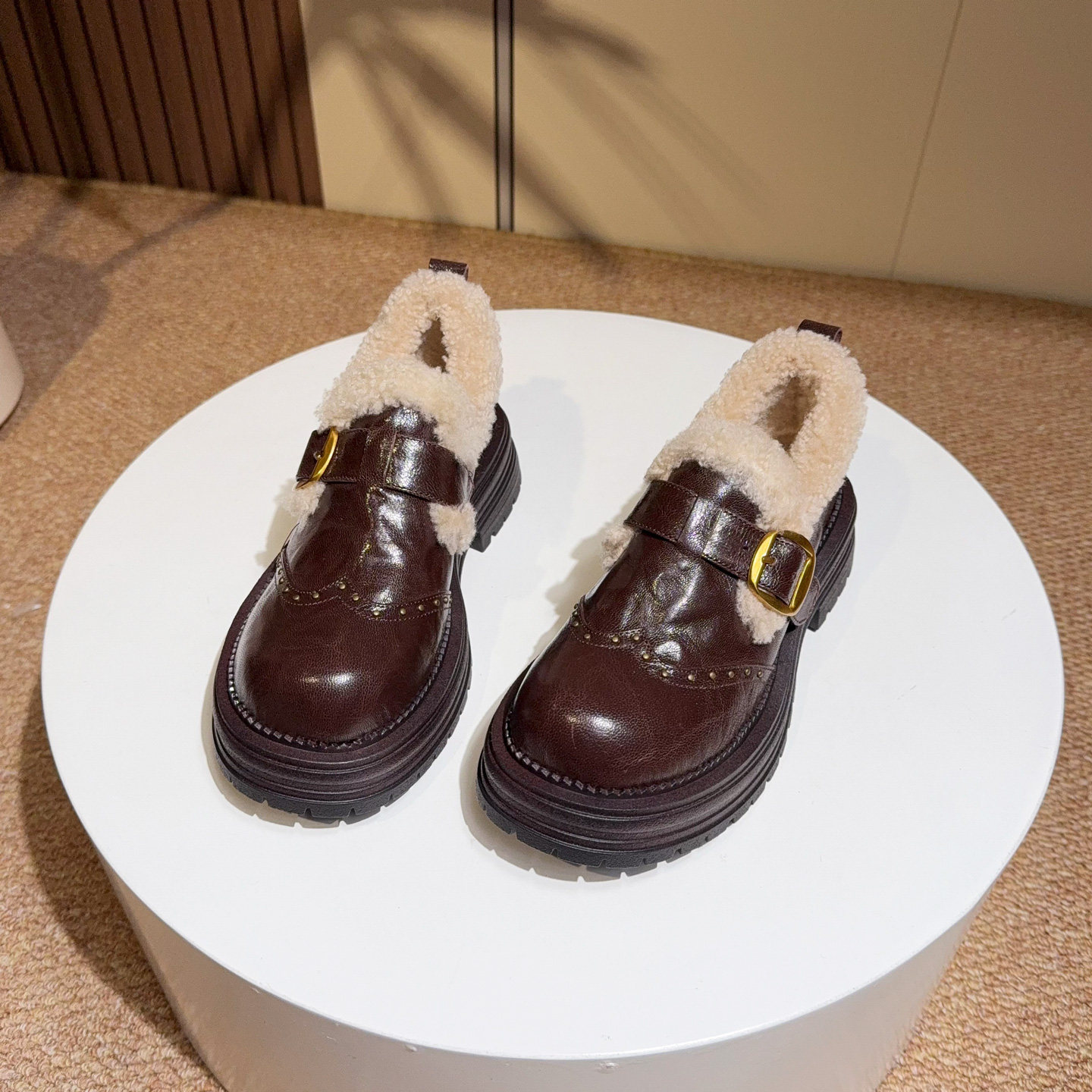真皮英伦风皮带扣厚底增高5cm加绒乐福鞋女冬棉鞋铆钉毛毛小皮鞋,女鞋,乐福鞋（豆豆鞋）,淘宝优惠券,粉丝福利购,淘宝优惠卷
