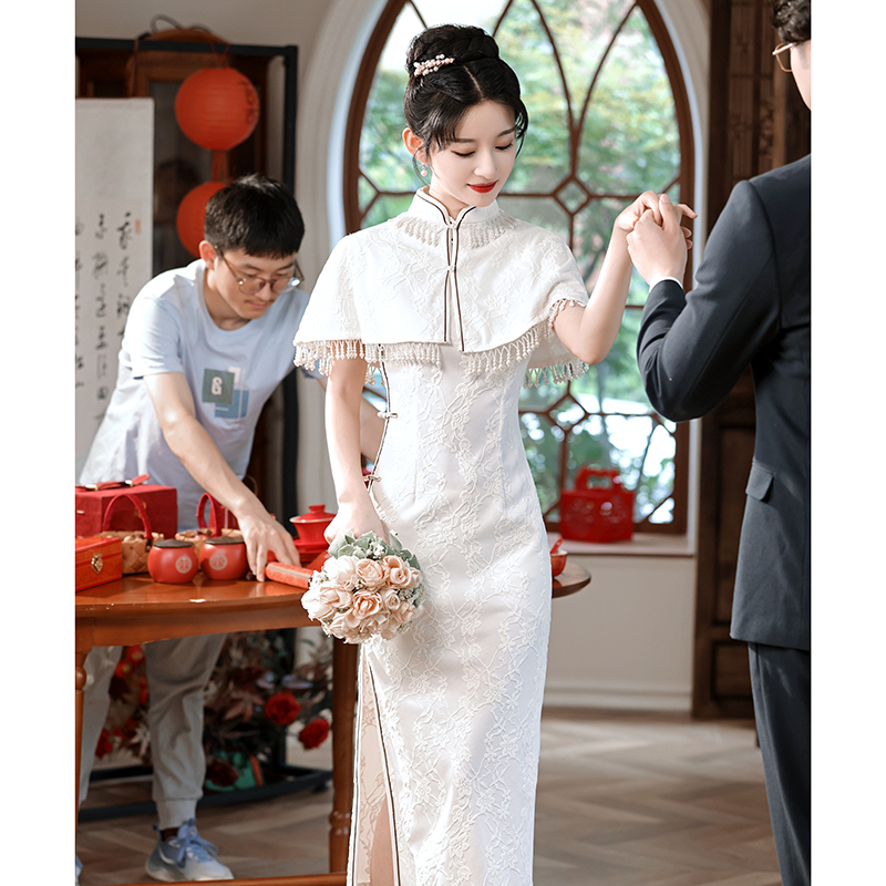 白色旗袍敬酒服新娘流苏订婚