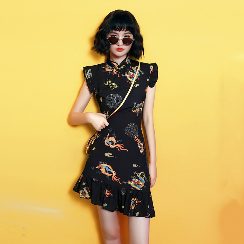 黑色旗袍年轻款少女小个子时尚中国风现代改良版鱼尾裙国潮短款夏