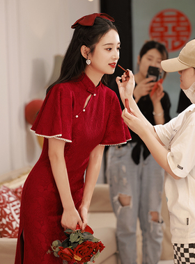 红色旗袍敬酒服新娘中式小个子高级感结婚礼服女订婚连衣裙改良版