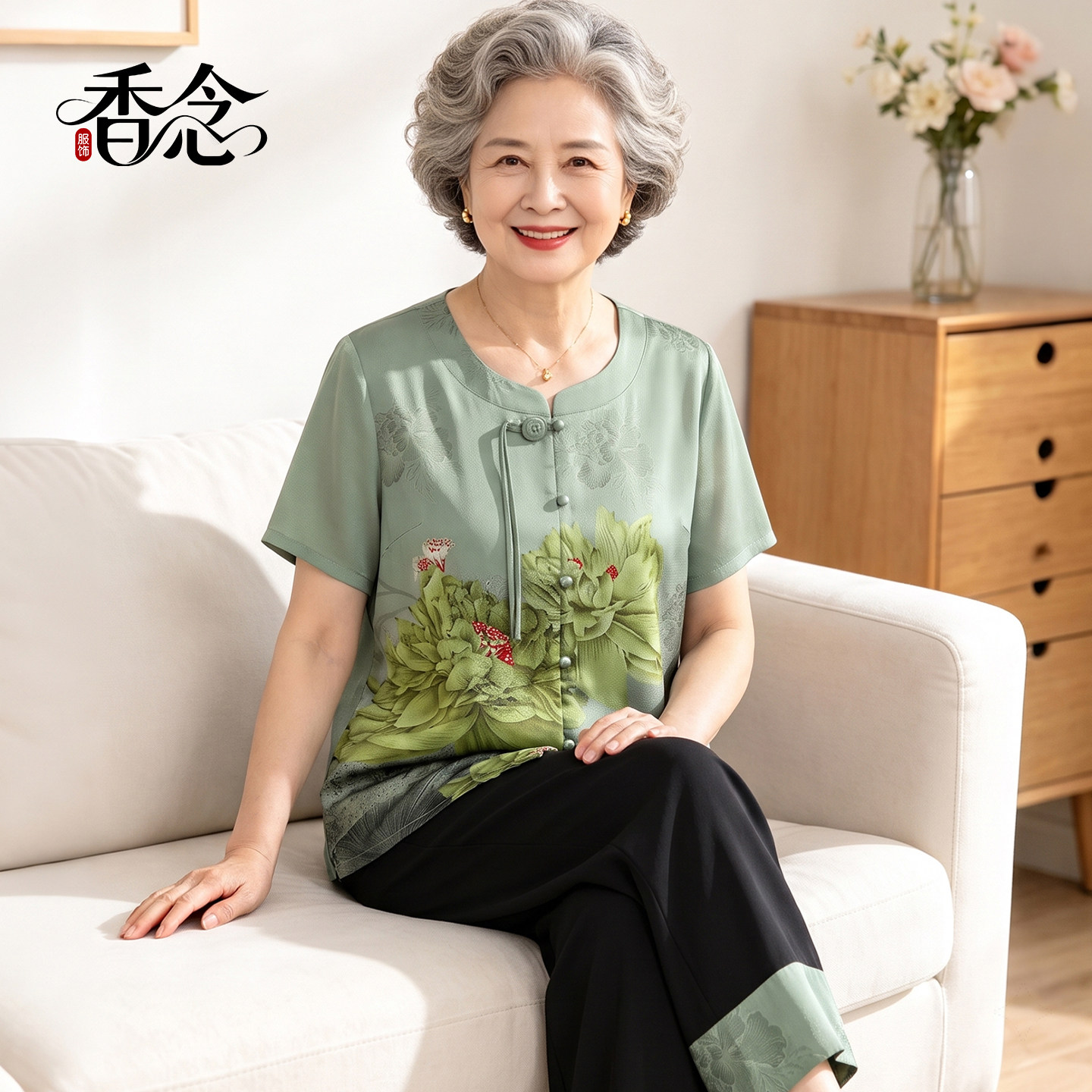 老年夏装女妈妈国风薄款衬衫套装