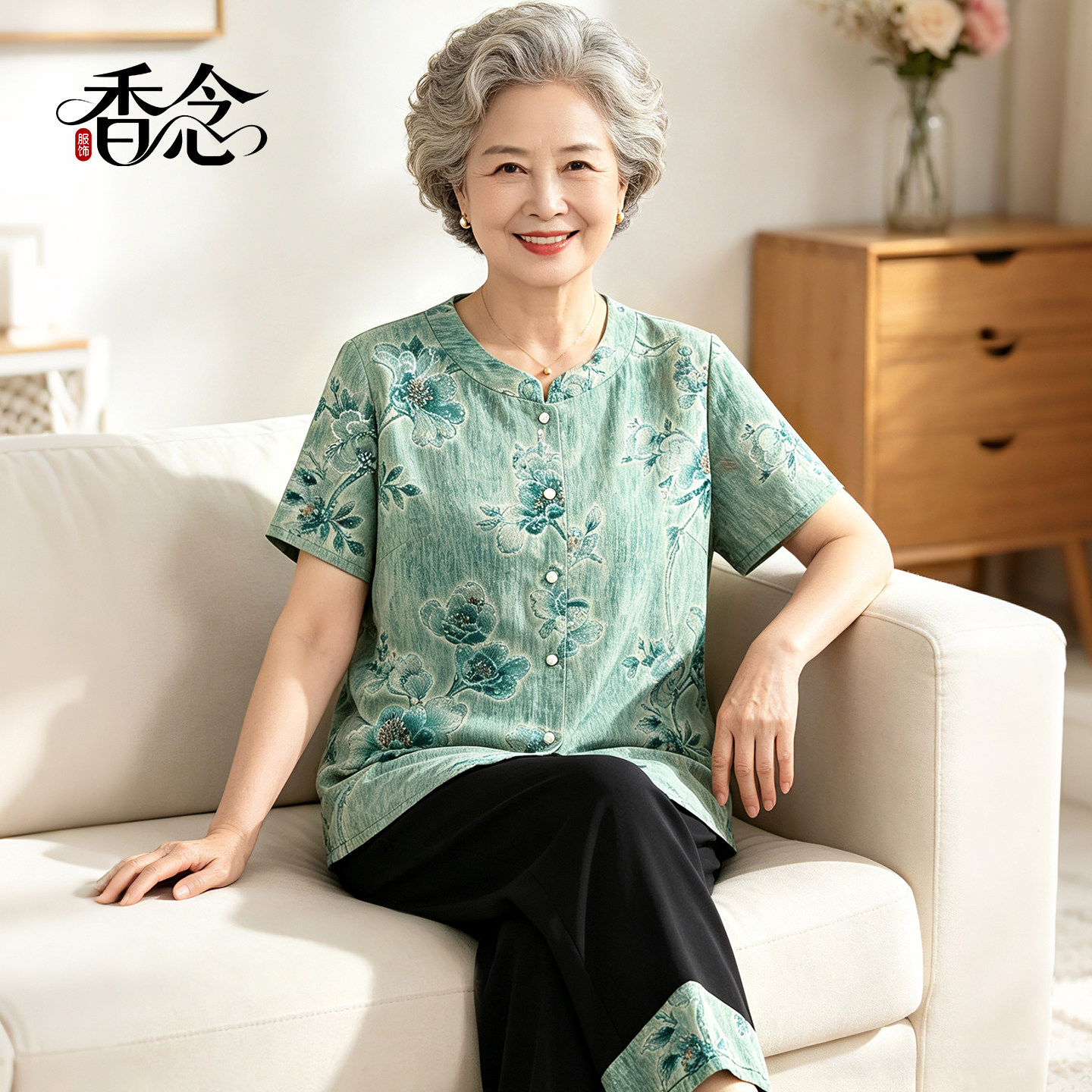 中老年人夏装女奶奶短袖衬衫套装