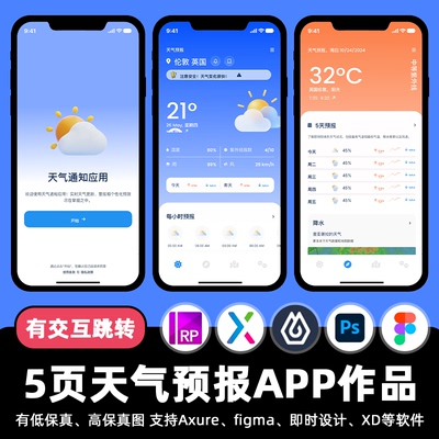 5页天气预报生活APP即时设计交互跳转Figma作业Axure原型psd素材