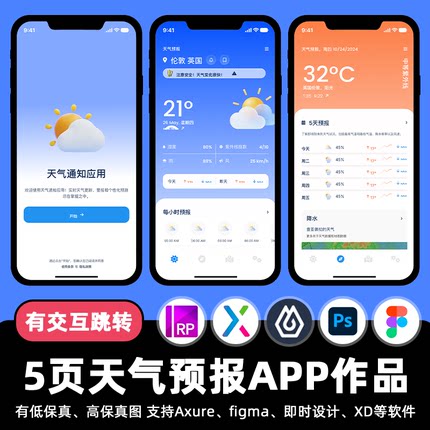 5页天气预报生活APP即时设计交互跳转Figma作业Axure原型psd素材