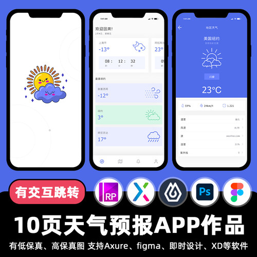 10页pixso天气预报预测即时设计APP交互跳转figma作业rp原型素材