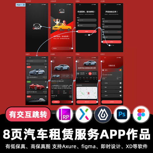 8页汽车租赁服务APP即时设计交互跳转Figma作业Axure原型psd素材