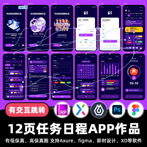 12页即时设计任务日程计划APP交互跳转figma作业Axure原型xd素材