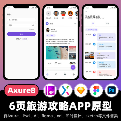 6页Axure+PSD高保真交互原型旅游攻略社交分享ui设计稿动态面板rp