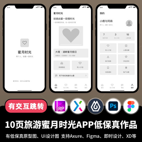 10页figma即时设计旅游蜜月时光APP低保真Axure交互原型作品pixso
