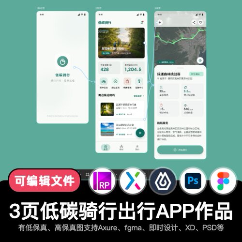 3页figma即时设计低碳环保骑行出行xure交互原型APP作品pixso/psd