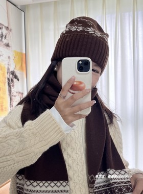 北欧雪花帽~高品质100%纯羊毛帽子女冬时髦棕色费尔岛提花针织帽