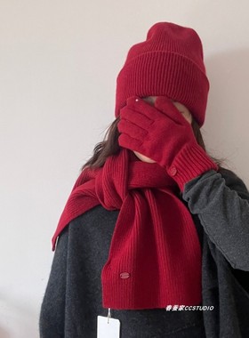 鸿运本命年~显白新年红色高品质100%羊毛围巾帽子套装冬保暖围脖