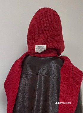 升级款红色巴拉克拉法帽女连帽围脖冬针织毛线帽子围巾一体二件套