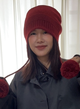100%羊毛帽子~可爱红色护耳帽女2025新款冬季韩版时尚毛线帽冷帽