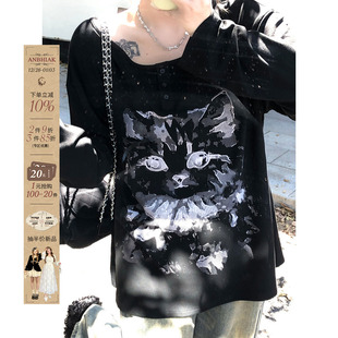 宽松长袖 微胖大码 上衣 慵懒显瘦猫咪印花T恤女2024冬新款 安妮不火