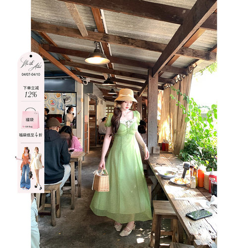 安妮不火高腰线蕾丝花边领碎花雪纺连衣裙女微胖大码显白收腰长裙