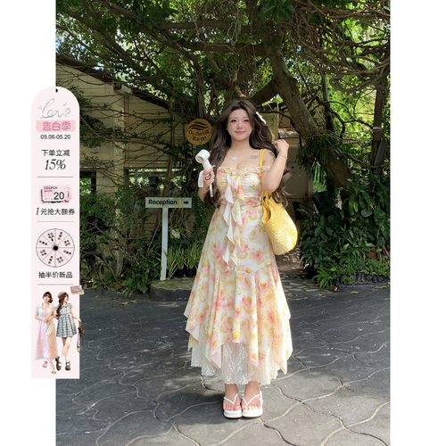 安妮不火度假风蕾丝拼接碎花裙女2025春夏新款微胖大码荷叶边长裙