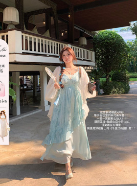 安妮不火纸舟渡松烟蕾丝花边扎染吊带裙女夏季新款微胖大码国风裙