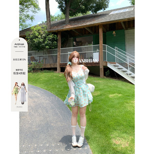 安妮不火 花边拼接荷叶边印花雪纺连衣裙女微胖大码度假风吊带裙