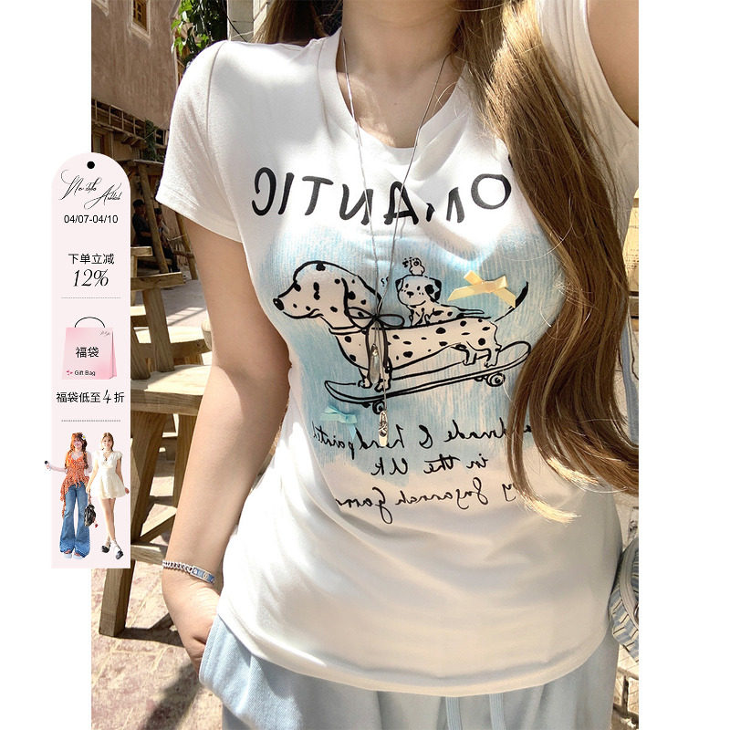 安妮不火 氣水海盐番甜酷斑点狗印花T恤女夏微胖大码收腰短袖上衣