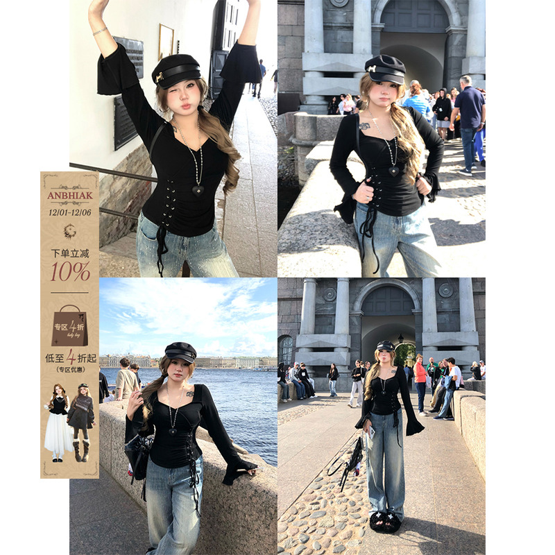 安妮不火 绝美荷叶袖绑带T恤女秋冬新款微胖大码手工缩褶纯欲上衣