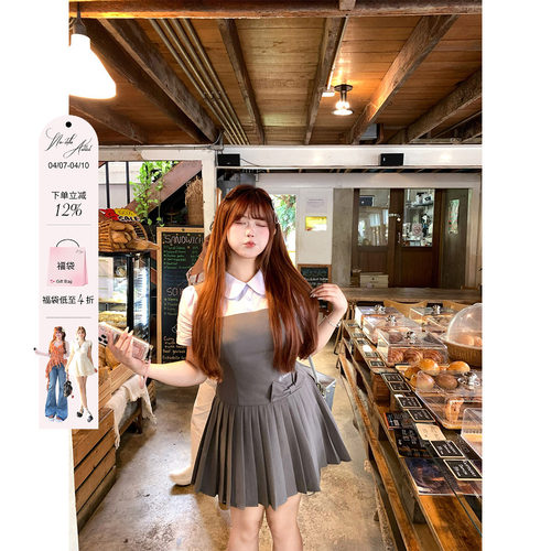 安妮不火学院风假两件蝴蝶结百褶连衣裙女微胖大码收腰显瘦小裙子