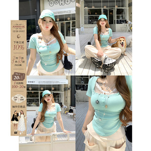 小上衣 收腰短袖 安妮不火 布蕾锁骨纯欲蕾丝拼接针织T恤女微胖大码