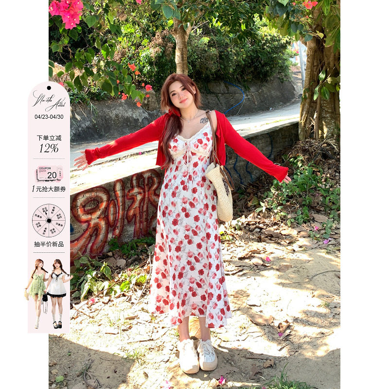 安妮不火 玫瑰花吊带连衣裙女2024夏季新款微胖大码收腰碎花长裙