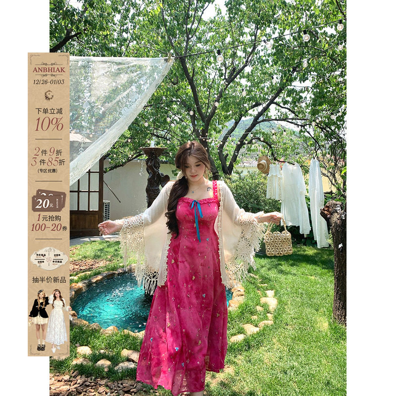 安妮不火 莫奈玫瑰阶扎染绣花雪纺连衣裙女微胖大码收腰吊带裙子