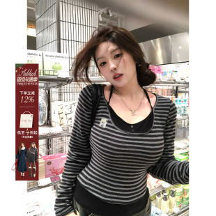 上衣 收腰显瘦长袖 安妮不火小猫章仔撞色条纹绑带针织衫 女微胖大码