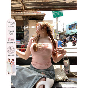 小上衣 收短款 安妮不火 45莱赛尔亚克力串珠高弹针织T恤女微胖大码