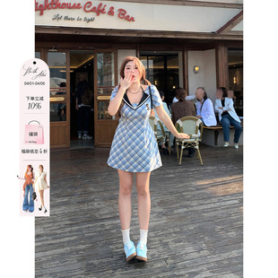 新款 安妮不火 学院风格 纹绑带连衣裙女2024夏季 收腰裙子 微胖大码