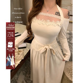 安妮不火 一字肩花边拼接高弹磨毛针织裙女微胖大码 收腰挂脖长裙