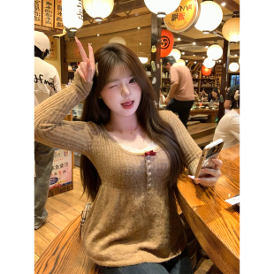 安妮不火 日系甜美U领蝴蝶结高弹针织衫女微胖大码秋冬长袖打底衫