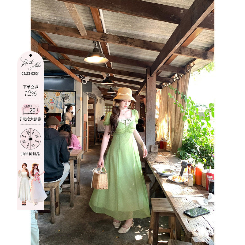 安妮不火高腰线蕾丝花边领碎花雪纺连衣裙女微胖大码显白收腰长裙