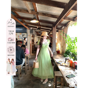 安妮不火高腰线蕾丝花边领碎花雪纺连衣裙女微胖大码 显白收腰长裙