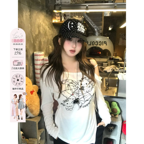 安妮不火 喵叽契约甜酷kitty印花露肩罩衫女微胖大码宽松显瘦上衣