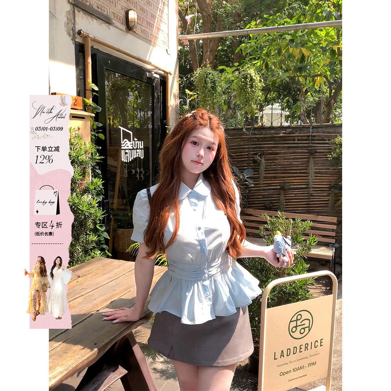 安妮不火 甜美海盐系100棉娃娃领收腰衬衫女微胖大码甜美短袖衬衣