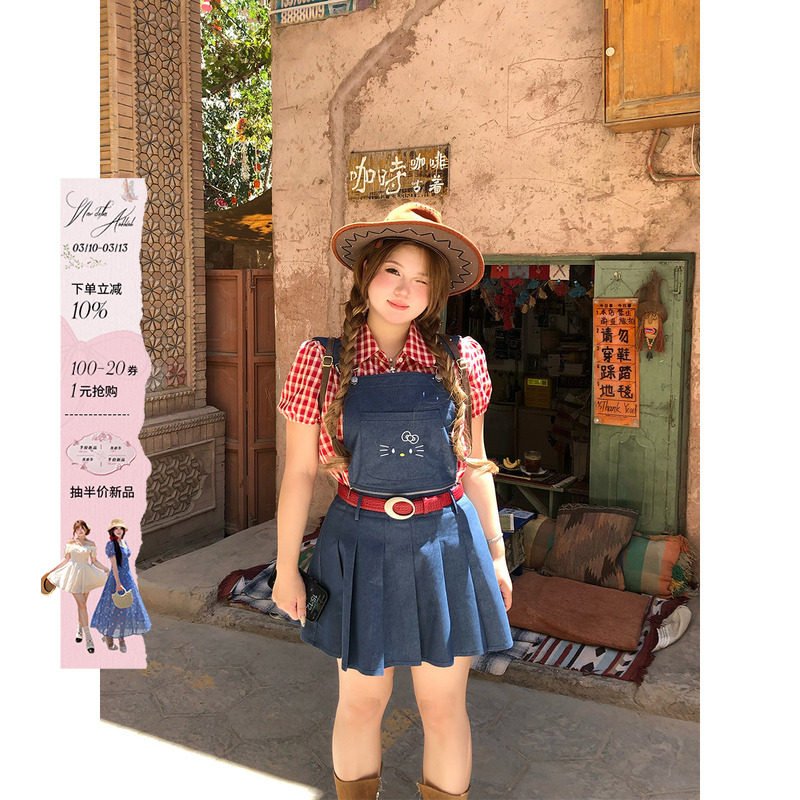 安妮不火 古城爱丽丝一衣多穿kt刺绣背带裙女微胖大码可爱收腰裙