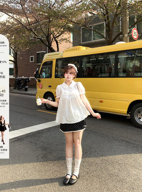安妮不火 棉提花肌理娃娃领花边衬衫女微胖大码可爱风小衬衣